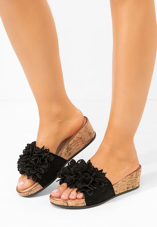 Παντόφλες με πλατφόρμα Floralia μαύρα, Μέγεθος: 38- zapatos