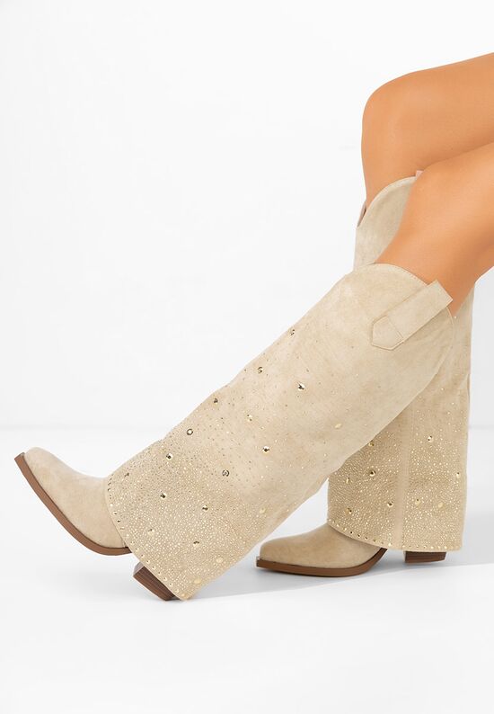 Μπότες με χοντρό τακούνι Millie μπεζ, Μέγεθος: 39- zapatos