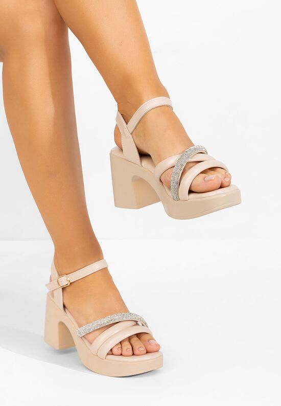 Πέδιλα με χοντρο τακουνι Jadina μπεζ, Μέγεθος: 40- zapatos